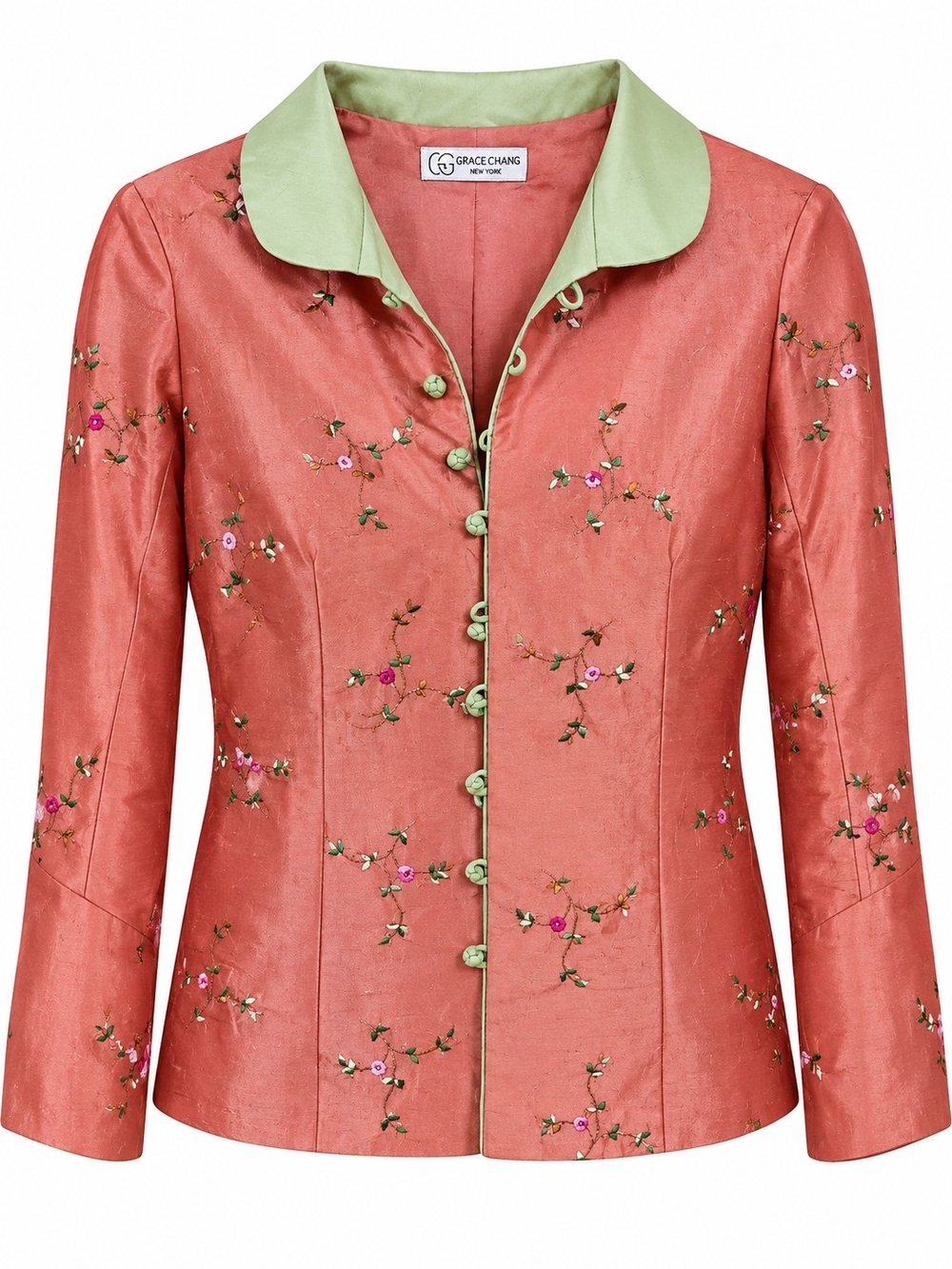 Grace Chuang New York L 100% Silk Embroidered Jacket Iridescent Peach